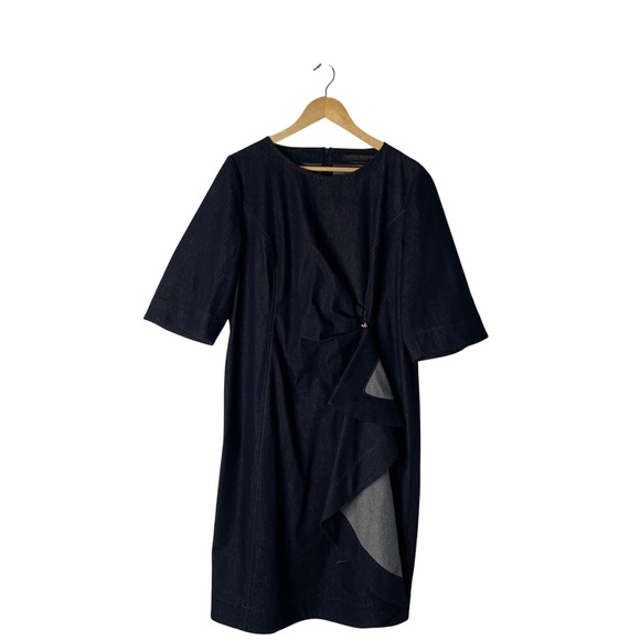 Marina Rinaldi‎ Dress 16 Denim Blue Midi Asymmetrical Ruffle Italy Quiet Luxury - Picture 2 of 10